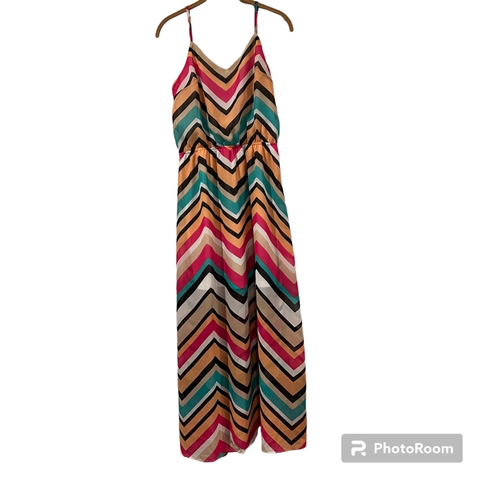 Umgee Halter Neck Chevron Maxi Dress Fit & Flare Summer Party Multicolor M